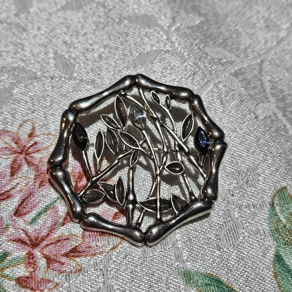 vintage whimsigoth witchy bamboo shoots leaves silver tone brooch